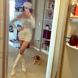 Knit dress $70, boots $240, hat $50